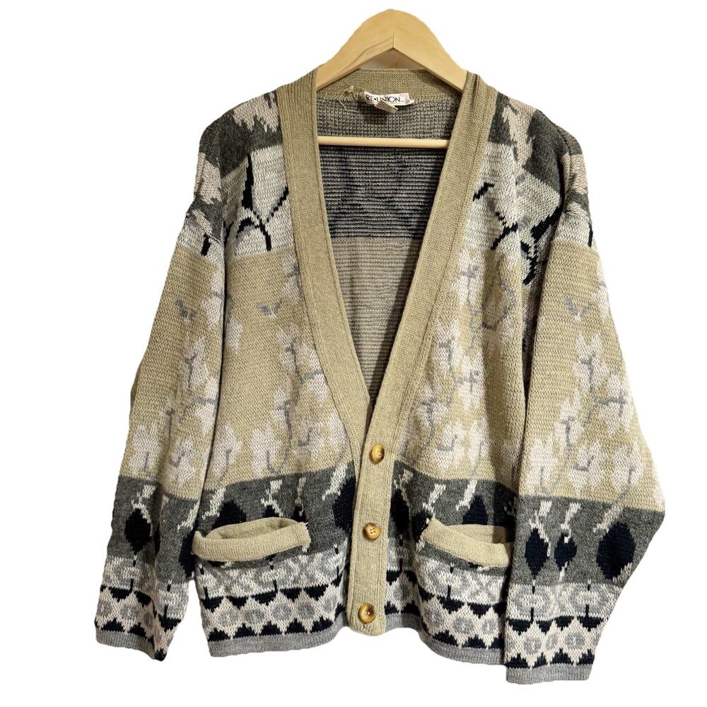 ReUnion Vintage Women Small Button Front V Neck Cardigan 50% Wool Gray Beige